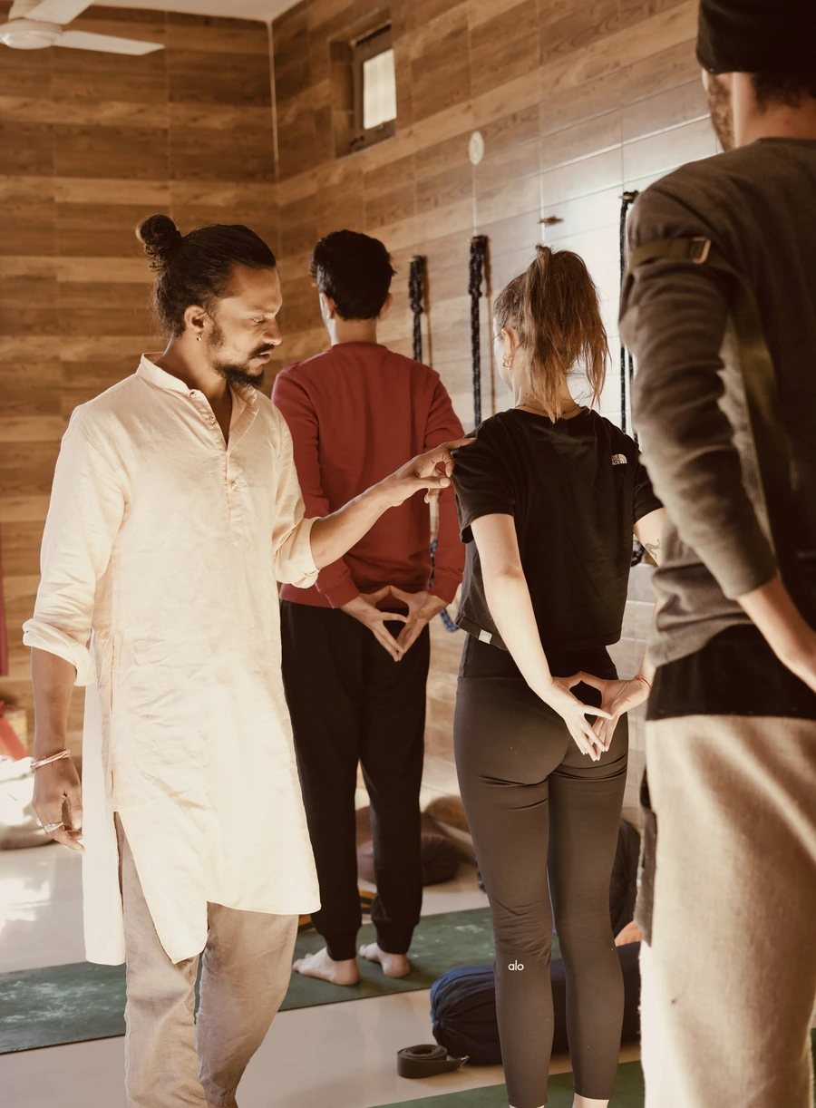 Practicing yoga at Prakruti Yogashala, Rishikesh